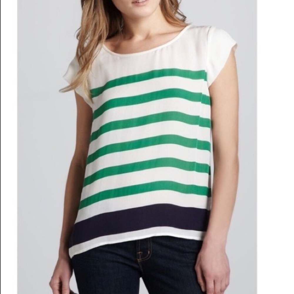 Joie Terry Green & Navy Striped Silk Blouse